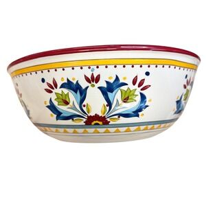 Bobby Flay‎ Stoneware 12 Inch Serving Bowl Floral Mediterranean Red Rim Cream